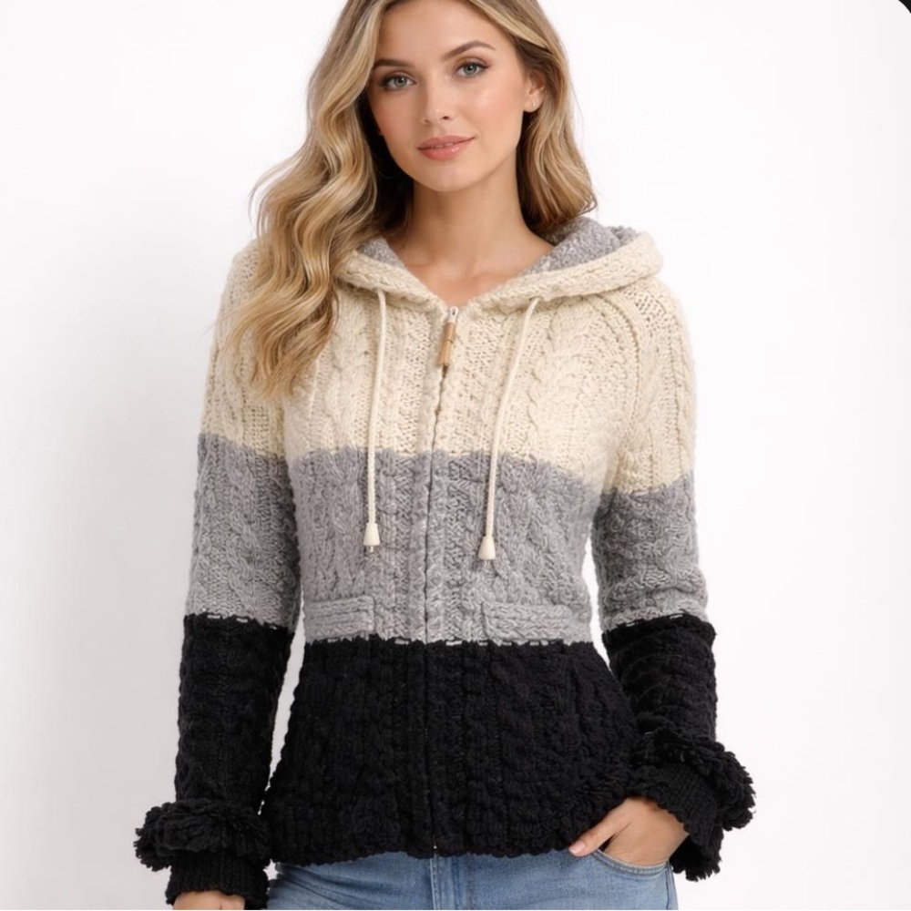 Cozy Chunky Knit Hooded Boho Ombre Full Zip Sweater Jacket Size Small
